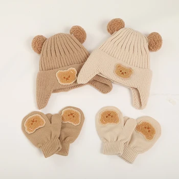 Комплект детских шапок и перчаток Lioraitiin с мультяшными мишками, зимняя вязаная шапочка и варежки для малышей, аксессуары для холодной погоды
