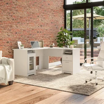 Компьютерный стол Cabot L-образной формы белого цвета Угловой стол с выдвижными ящиками для домашнего офиса, аксессуары для игр, прикроватный стол для учебы 0
