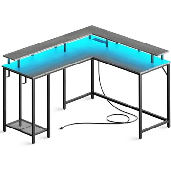 Компьютерный стол L-образной формы с розетками и светодиодной подсветкой, с подставкой для монитора и полкой для хранения, в нескольких цветовых вариантах, 53 дюйма