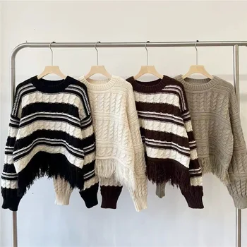 Корейский джемпер в полоску, пуловеры, Осенняя новинка, женская одежда, повседневный модный свитер с круглым вырезом и кисточками, топы, вязаные свитера, T430 0