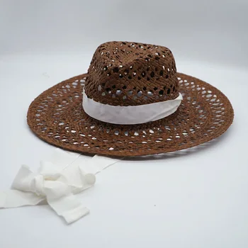 Коричневая соломенная шляпа Панама с широкими полями, летние шляпы для женщин и мужчин с ремешком под подбородок, Дышащая канотье, Пляжная шляпа от солнца, дерби