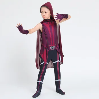 Костюмы супергероя Алой ведьмы для девочек, комбинезон, плащ, корона, перчатки, костюм для косплея Ванды на Хэллоуин, наряды для детей