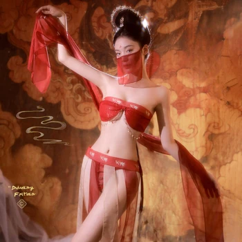 Красная богиня Дуньхуан для ролевых игр, сексуальный бюстгальтер и нижнее белье, платье с вуалью в экзотическом стиле, шелковый комплект, порнокостюм, сексуальные женщины, открытый
