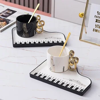 Креативные кофейные кружки для фортепиано объемом 200 мл с набором тарелок Керамическая кружка Музыкальная ручка с ложкой Посуда для послеобеденного чая Чашка для молока для завтрака