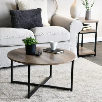 Круглый журнальный столик из ясеня в деревенском стиле и черного металла 31,5 X 31,5, темно-серый, Мебель для гостиной