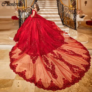 Кружевное Бальное Платье С Аппликацией и Красными Блестками, Пышные Платья С Открытыми Плечами, Корсет, Vestidos De 15 Años