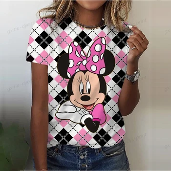 Летняя женская футболка с мультяшным принтом Disney Minnie Mickey, Женский топ с длинным рукавом и круглым вырезом, Женская футболка с коротким рукавом, футболка для девочек