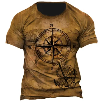 Летняя мужская футболка 2023 года с винтажным принтом 3d Compass, топы с коротким рукавом, уличные футболки, графическая футболка, футболка оверсайз, мужская одежда