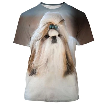 Летняя новинка 2023 года, мужская/ женская модная тонкая футболка с 3D-принтом для собак породы ши-тцу