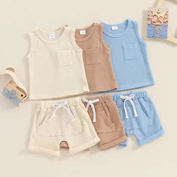 Летняя Одежда для маленьких мальчиков, майка без рукавов с эластичными шортами на талии, комплекты повседневной свободной однотонной одежды для малышей