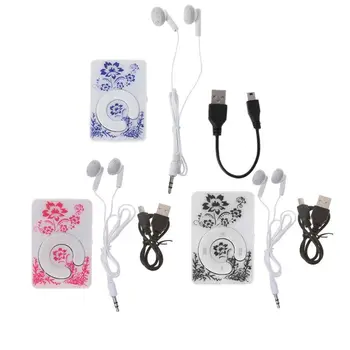 Мини-клип с цветочным рисунком, музыкальный MP3-плеер, карта памяти 32 ГБ с кабелем Mini USB + ухо