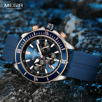 Мужские спортивные часы MEGIR темно-синего цвета с модным водонепроницаемым силиконовым ремешком, наручные часы-хронограф со светящимися стрелками, автоматическая дата 2226 0