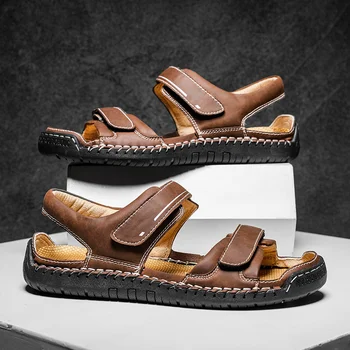 Мужские уличные нескользящие повседневные кожаные тапочки, высококачественные пляжные легкие сандалии для мужчин, летние сандалии большого размера ручной работы