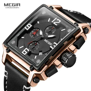 Мужские часы Megir с квадратным циферблатом, хронограф, кварцевые наручные часы, Роскошные часы с кожаным ремешком от ведущего бренда Relogios Clock 2061, Розовое золото