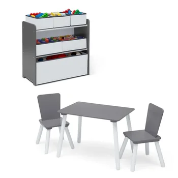 Набор для детской комнаты из 4 предметов – Включает игровой столик со столешницей для сухого стирания и органайзер для игрушек на 6 ящиков Серого / белого цвета.