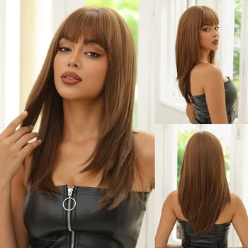 Натуральные коричневые синтетические парики Многослойные, длиной до плеч, медно-коричневый прямой парик с челкой для женщин, термостойкие, для ежедневных вечеринок