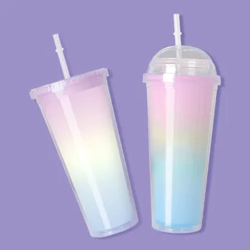 Новая модная популярная двухслойная чашка холодного цвета, цветная радуга, высокий уровень внешнего вида, ослепительная изысканная подарочная пластиковая соломенная чашка