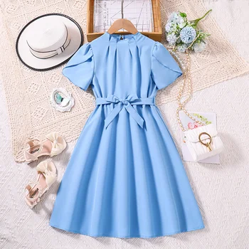 Новое дизайнерское классическое синее платье с короткими рукавами и поясом, милое элегантное стильное платье принцессы для девочек, праздничная вечеринка, повседневный стиль