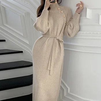 Новое теплое трикотажное платье в корейском стиле, осенне-зимнее французское платье с высоким вырезом по диагонали и открытым углом, темпераментное платье для женщин