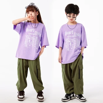 Одежда для мальчиков и девочек в стиле джаз-датчанин Бальный костюм для танцев в стиле хип-хоп Фиолетовая футболка Зеленые брюки Спортивная одежда для подростков Уличные танцевальные наряды 0