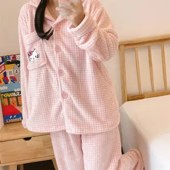 Пижама из кораллового плюша для девочек Sanrio Hello Kitty с мультяшным котенком, Теплая мягкая пижама из утолщенного хлопка с длинными рукавами и рисунком котенка, Подарок для девочек