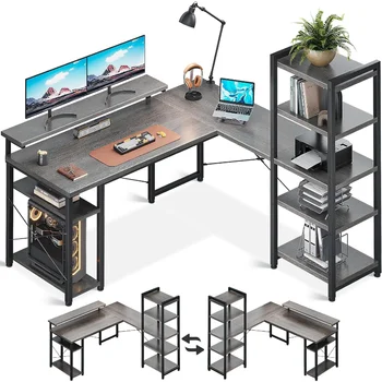 Письменный стол ODK L-образной формы с подставкой для монитора, 54-дюймовые столы для домашнего офиса с полками для хранения принтеров, Реверсивный угловой игровой стол