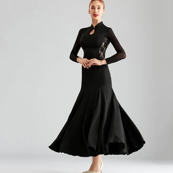 Платье для занятий современными танцами в стиле ретро, женское новое платье для бальных танцев, черное длинное платье для танцев в стиле вальса