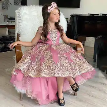 Платье принцессы с цветочным узором для девочек, короткие рукава, золотая аппликация, платья для дня рождения, нарядные платья, свадьба 0