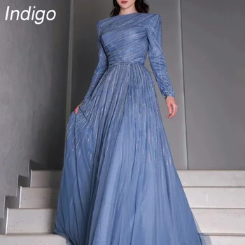 Платья для выпускного вечера цвета индиго с круглым вырезом и длинными рукавами, бусы, трапециевидное платье длиной до пола для официальных мероприятий для женщин 2024 vestidos de gala mujer