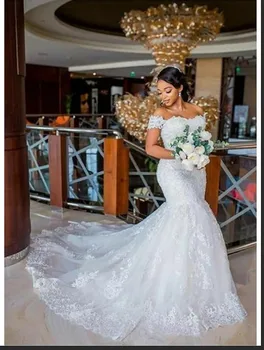 Прекрасные Свадебные Платья В Африканском стиле С Открытыми Плечами, Шлейф, Кружевные Аппликации, Свадебные платья 