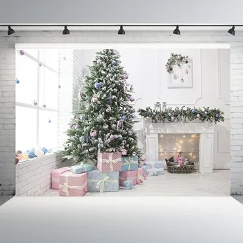 Рождественская фоновая фотография Рождественская Елка Белое окно с камином Розовая Подарочная коробка Фоновый реквизит для фотосессии на Рождественской вечеринке 0