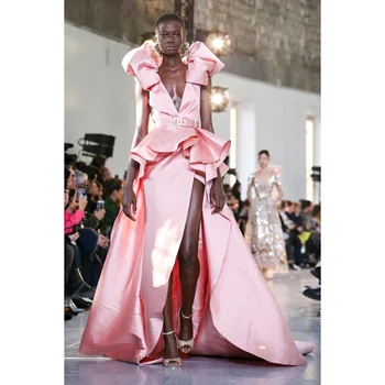 Розовое вечернее платье Kadisua Для женщин, милое, шикарное, без рукавов, с V-образным вырезом, со шлейфом, атласное, роскошное, для выступлений на сцене, от портного