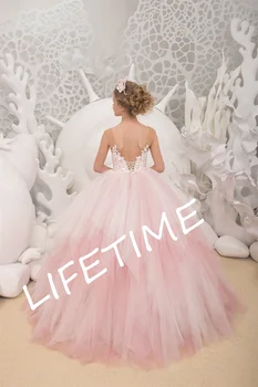 Розовое тюлевое бальное платье для девочек в цветочек на свадьбу, платья принцессы на бретельках, праздничное платье на День рождения, платья для первого причастия