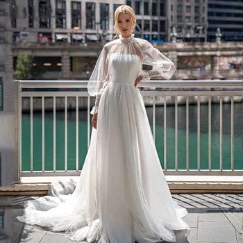 Роскошное богемное свадебное платье трапециевидной формы с высоким воротом, кружевное тюлевое пляжное свадебное платье с длинными рукавами и шлейфом на заказ