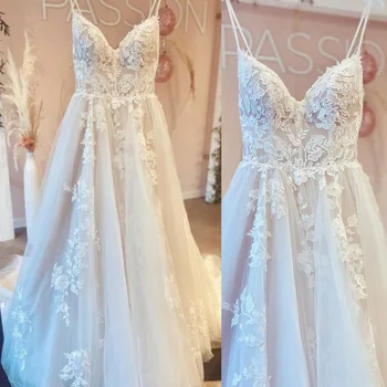 Роскошное свадебное платье с V-образным вырезом и тонкими бретельками, тюлевое платье без спинки, великолепное свадебное платье с аппликациями Vestido de novia