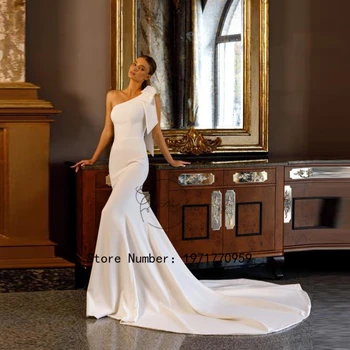 Русалка, белое свадебное платье на одно плечо с бантом, женское Джерси, элегантное свадебное платье со шлейфом, сшитое на заказ, застежка-молния сзади