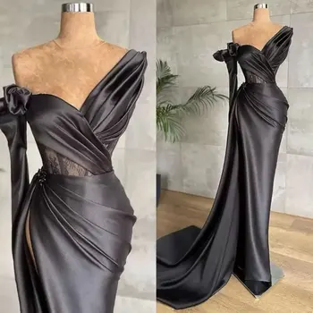 Сексуальное черное вечернее платье на одно плечо с длинными рукавами для женщин, кружевное плиссированное бальное платье-русалка с глубоким V-образным вырезом, выдолбленное, со шлейфом