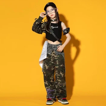 Современная танцевальная одежда для девочек, костюм для выступлений в стиле хип-хоп, камуфляжные рукава, укороченная одежда в стиле Kpop, детская одежда для джазовых уличных танцев