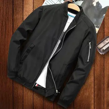 Удобное мужское пальто Гладкая тонкая однотонная мужская осенняя куртка с воротником стойкой застежкой на молнию Эластичными манжетами Стильная уличная