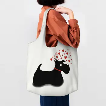 Холщовые сумки для покупок Scottie Dog Love Hearts, женские прочные сумки для покупок большой емкости, сумки для покупок с шотландским терьером, сумки для покупок