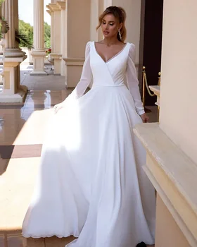 Элегантное шифоновое свадебное платье с V-образным вырезом и длинными рукавами, простые свадебные платья 2023, свадебное платье с открытой спиной для женщин, Robe De Mariee 0