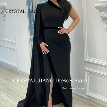 Элегантные Длинные Черные вечерние платья из крепа на одно плечо с длинными рукавами и накидкой трапециевидной формы с разрезом длиной до пола, женское вечернее платье De Soiree.