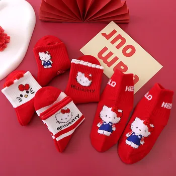5 Пар детских носков Kawaii Sanrio, Милые носки средней длины Hello Kitty, Универсальная дышащая Рождественская атмосфера, Рождественский подарок 1
