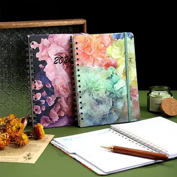 Дневник-блокнот премиум-класса в цветочной тематике, Блокнот формата А5, Ежемесячный планировщик с ровным почерком, Утолщенные страницы, календарь на катушечном кольце 1
