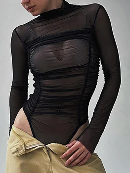 Женская облегающая однотонная рубашка со стоячим воротником из плиссированной сетки с длинными рукавами, весенне-осенний комбинезон, уличная одежда 1