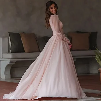 Лилейно-розовые однотонные вечерние платья для женщин, сексуальные платья для выпускного вечера с глубоким V-образным вырезом, пышные платья с длинными рукавами, Шифоновое вечернее платье с высоким разрезом 1