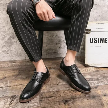Мужская обувь 2023, Новая летняя повседневная кожаная обувь, мужские деловые туфли-дерби в британском стиле с мягкой подошвой, черные туфли Tide 1
