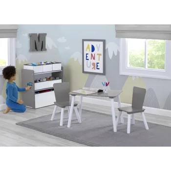 Набор для детской комнаты из 4 предметов – Включает игровой столик со столешницей для сухого стирания и органайзер для игрушек на 6 ящиков Серого / белого цвета. 1