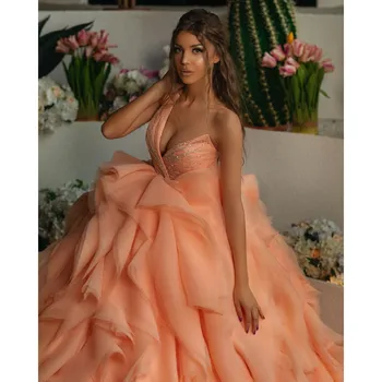 Оранжевое вечернее платье с V-образным вырезом для женщин, длина до пола, без рукавов, многоуровневое, с блестками, для особых случаев, Vestidos Para Mujer 1