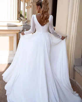 Элегантное шифоновое свадебное платье с V-образным вырезом и длинными рукавами, простые свадебные платья 2023, свадебное платье с открытой спиной для женщин, Robe De Mariee 1